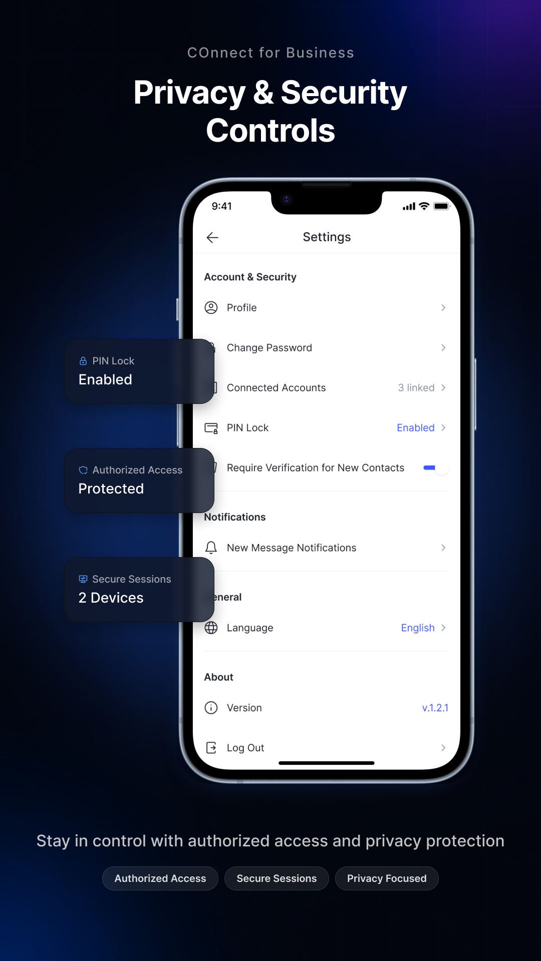 COnnect privacy and security controls screen